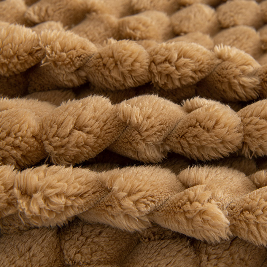 Macro of the plush Honeycomb Beige fabric showing the Cozy Chic textured bubble weave
