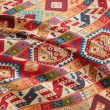 Macro of the colorful kilim fabric showing crimson, teal and orange nomad motifs