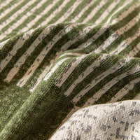 Macro close-up of the forest green throw's woven green and cream stripes and soft chenille texture