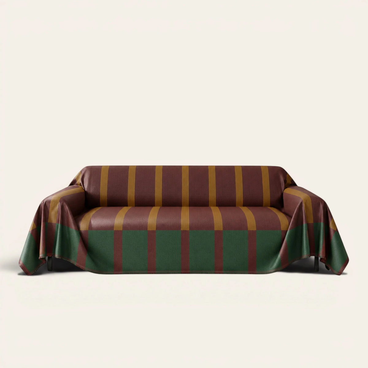 Brick Olive Modern Striped sofa throw draped over a three seater sofa, front view on ivory background
