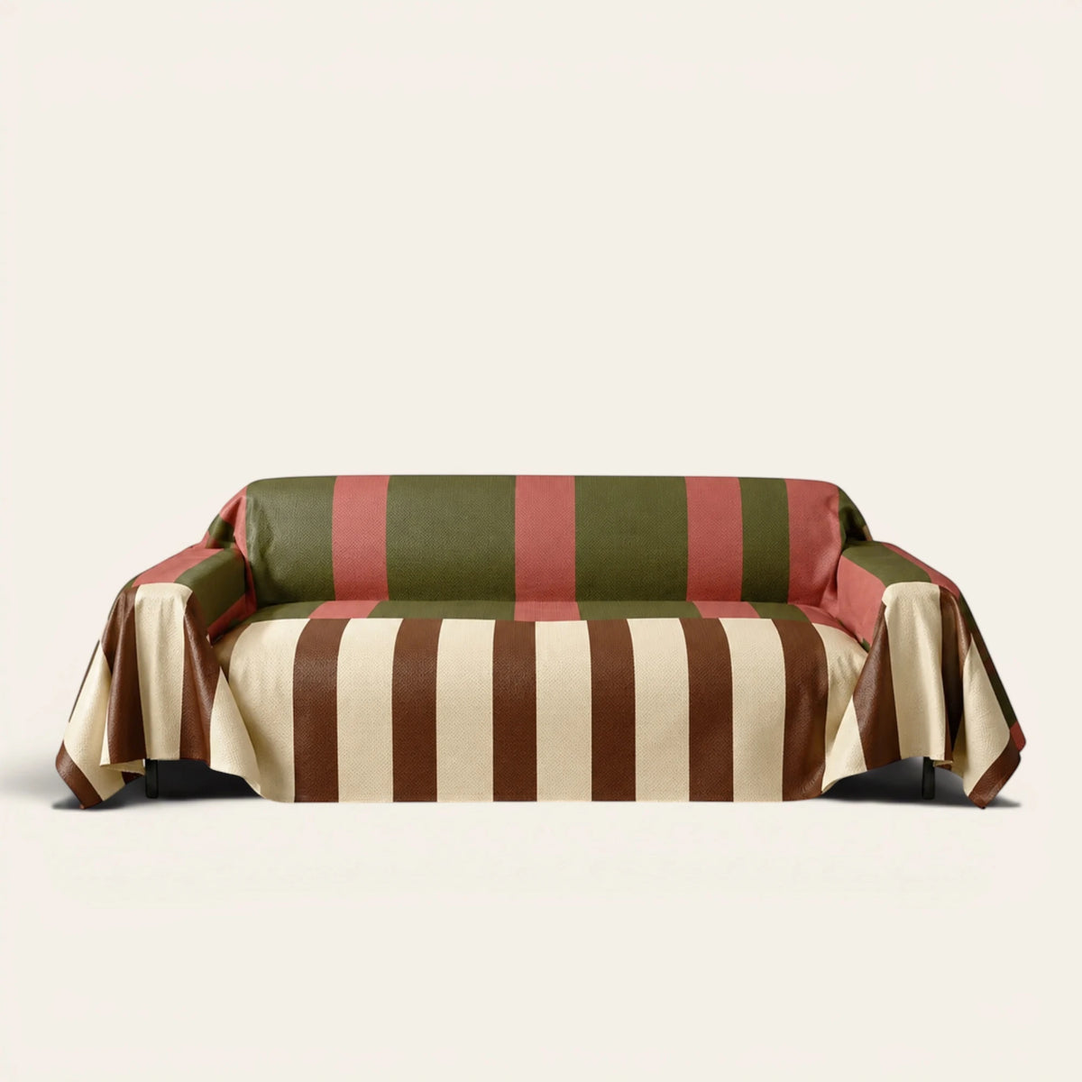 Modern Striped Olive Rust sofa throw draped over a three-seat sofa, front view on ivory