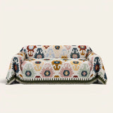 Sunflowers Fantasy sofa throw in Ivory Blooms draped over a couch, front view on ivory background