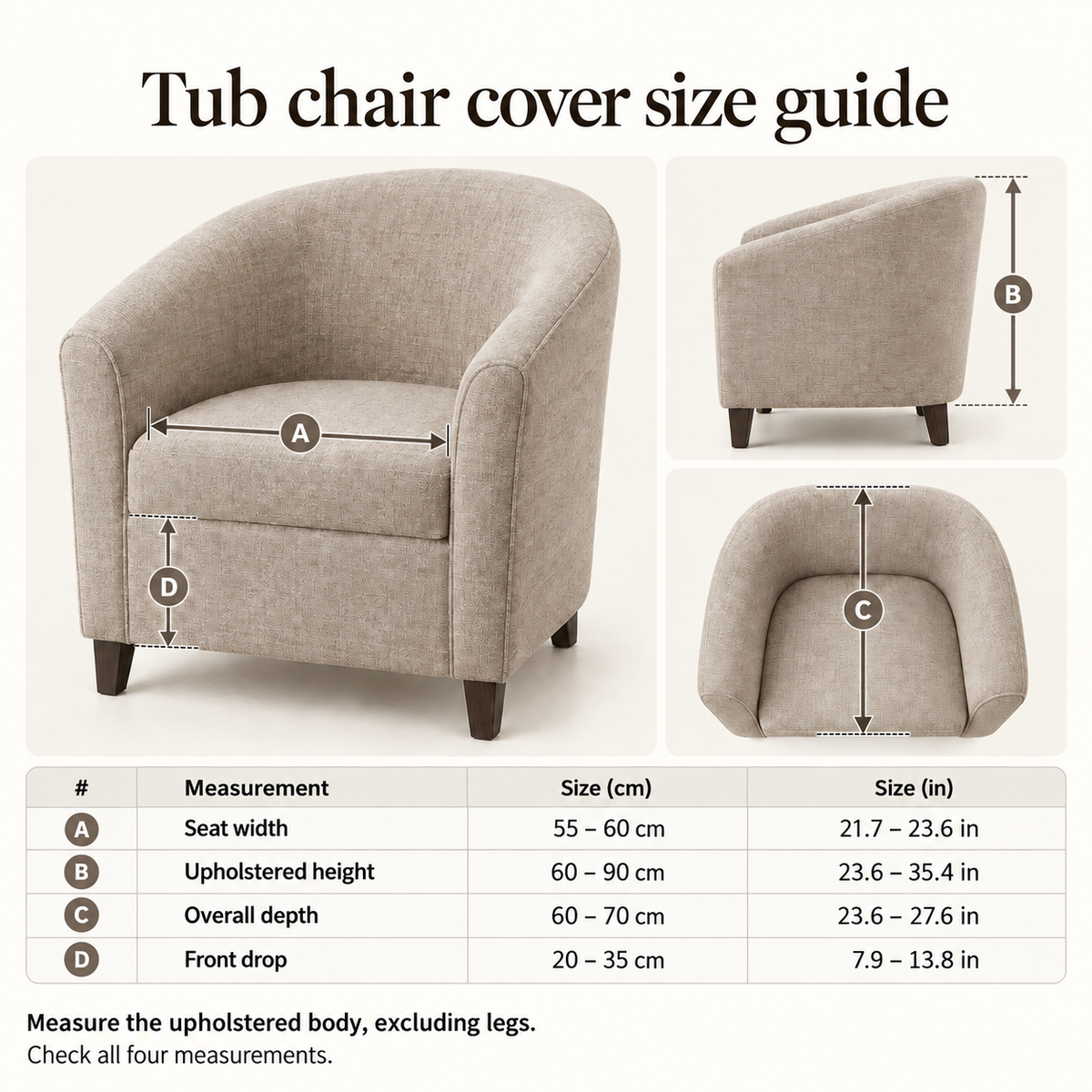 Tub chair cover size guide