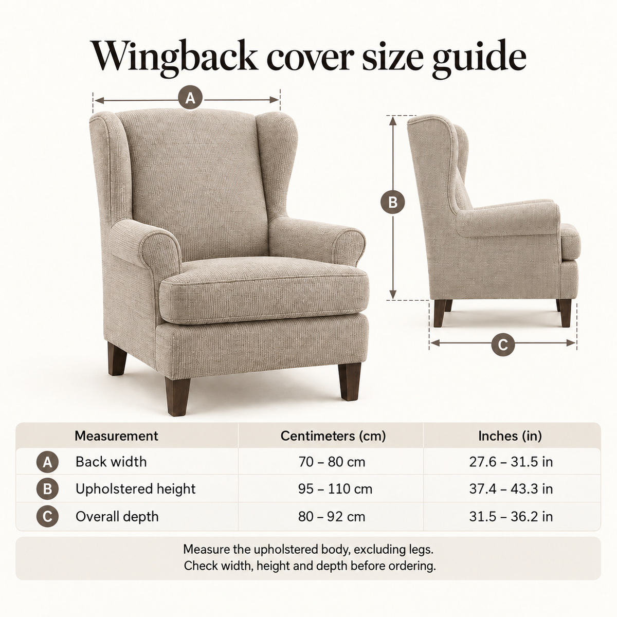 Wingback cover size guide